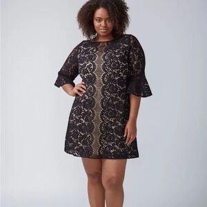 Lane Bryant Black Lace Shift Dress Illusion Nude Wedding Evening Bell Sleeve 26